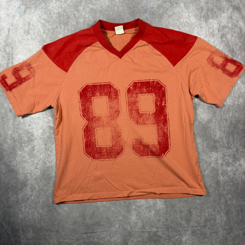 Urban Outfitters Orange Graphic Football Jersey Raglan Tee Shirt 89 Small Boxy